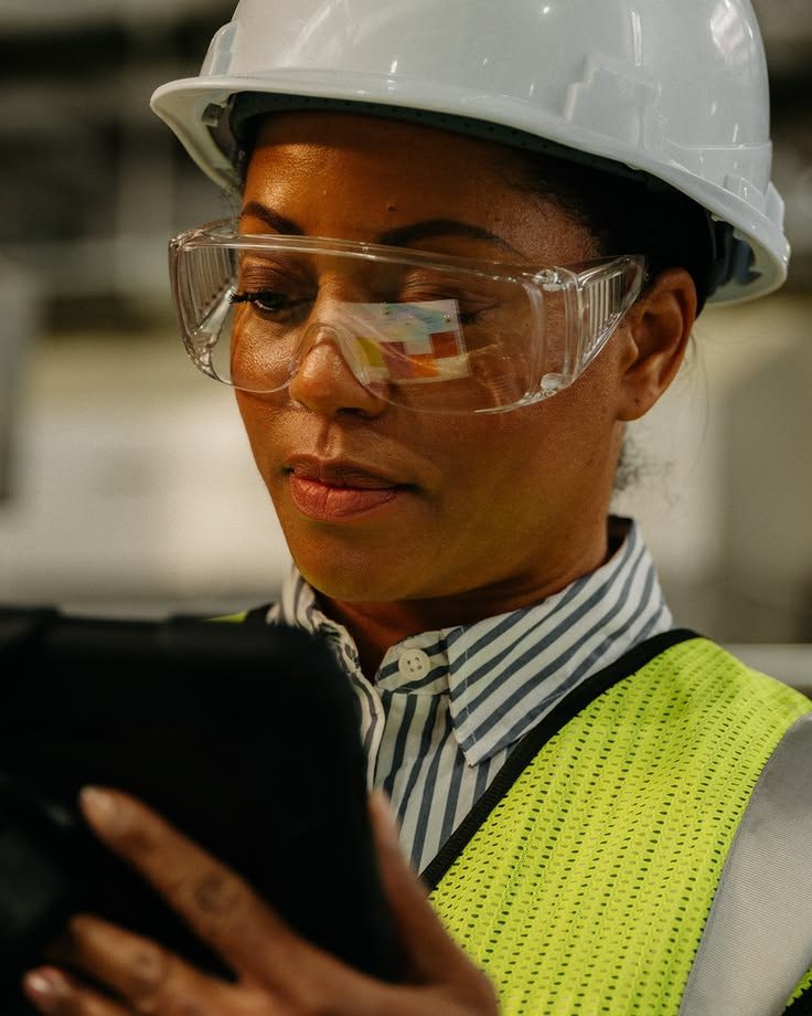 Ingénieure avec casque et lunettes de protection consultant une tablette